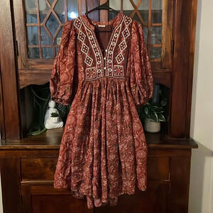 Sundance Lizet Embroidered Puff Sleeve Dress Size Medium